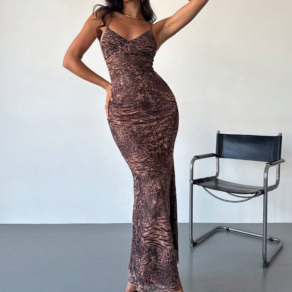 Multicolor Elegant Women's Spaghetti Strap Leopard Mesh Fishtail Skirt